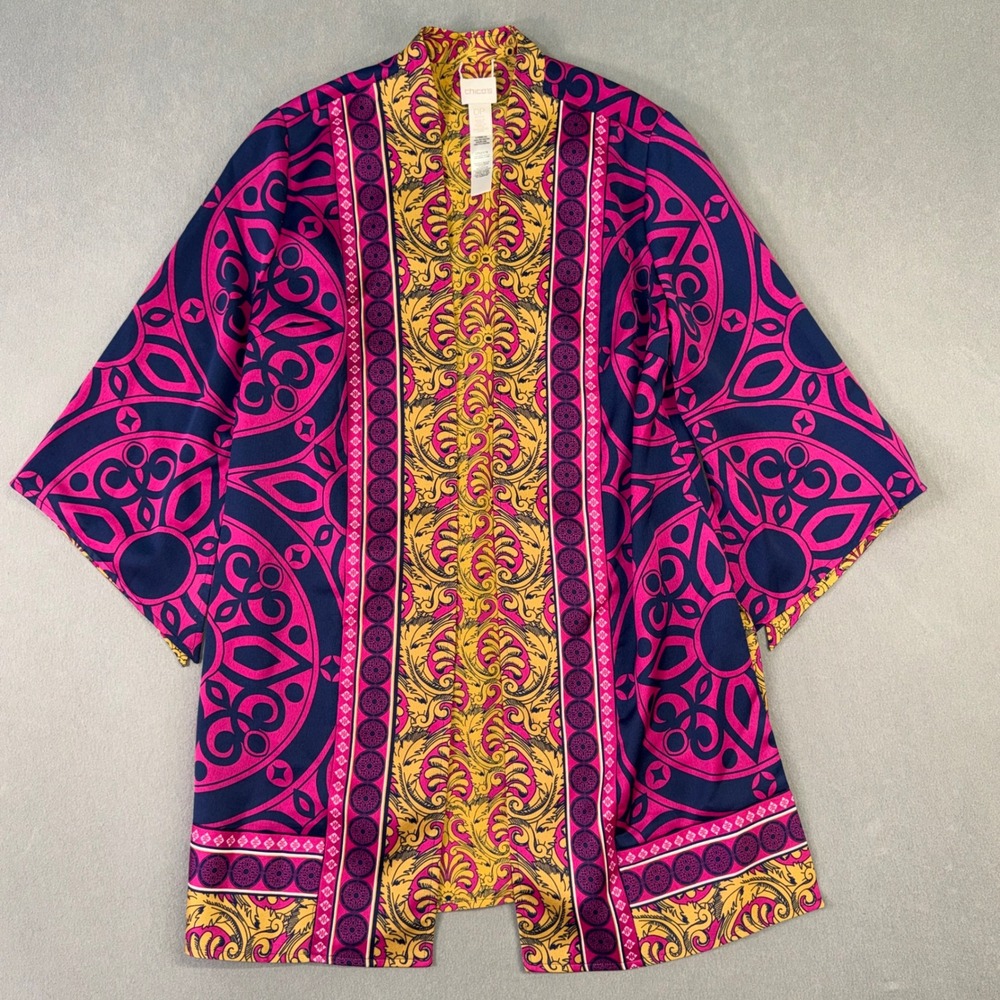 Chico's Reversible Kimono Jacket Pink Navy Gold Baroque Print Petite 0P